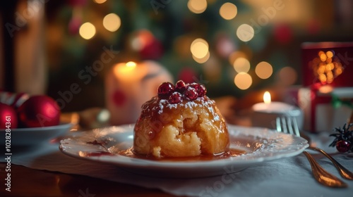 Front view of Scottish clootie dumpling, served with custard. photo