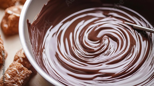 Abstract closeup of liquid chocolate swirling and bubbling in a fondue pot, with reflections from nearby treats, melting chocolate, abstract dessert concept photo