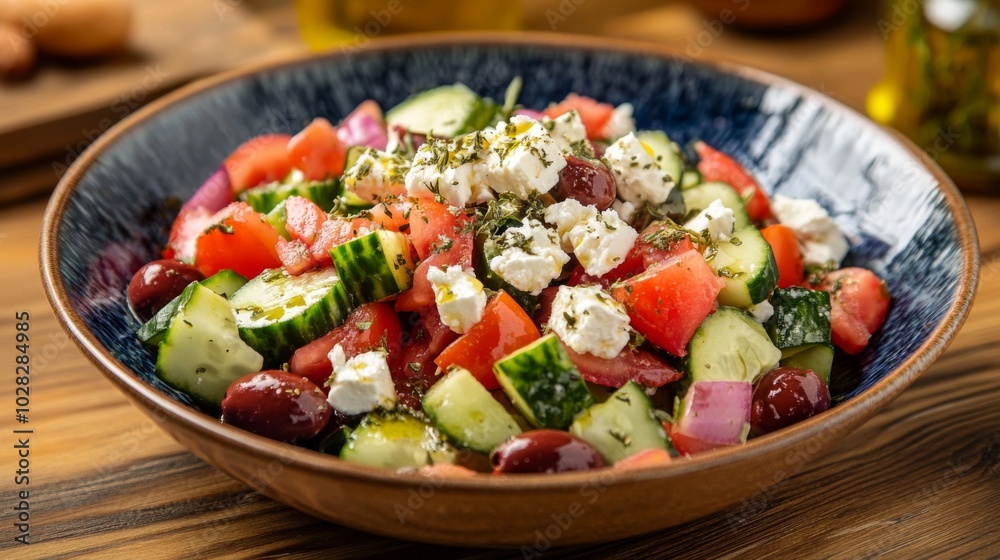 A fresh and vibrant Greek salad with tomatoes, cucumbers, red onions, olives, feta cheese, and herbs in a blue and white bowl. A fresh and vibrant Greek salad with tomatoes, cucumbers, red onions, olives, feta cheese, and herbs in a blue and white bowl.