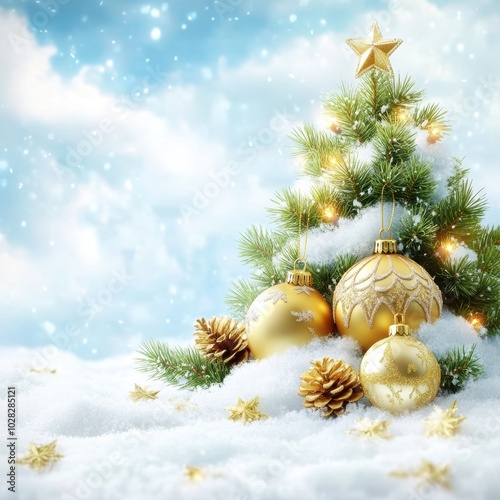 A small snow-covered Christmas tree adorned with golden ornaments and pinecones sits in a snowy landscape, with soft snowflakes falling gently from the sky.