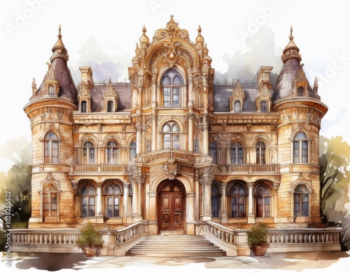 Historic mansion with ornate architecture and intricate details, white isolated background.