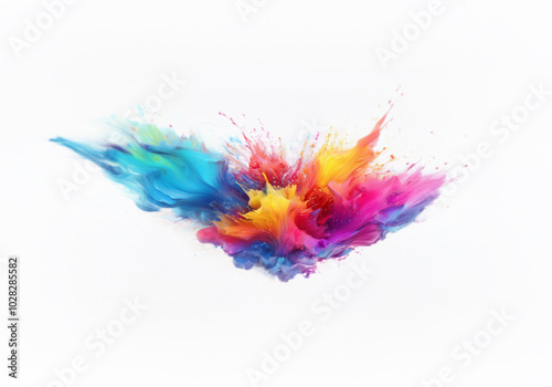 Abstract colorful paint explosion with a white background.