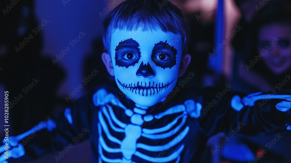 A child in a classic skeleton costume, with a black outfit and glow-in-the-dark bones, posing for a photo A child in a classic skeleton costume, with a black outfit and glow-in-the-dark bones, posing for a photo