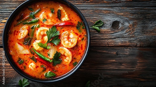 Tom yam hot spicy soup on wooden background : Generative AI