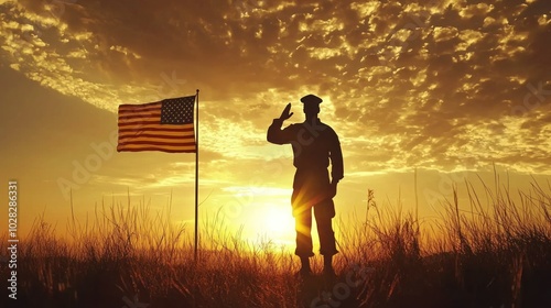 a soldier's silhouette honoring the American flag with a salute.