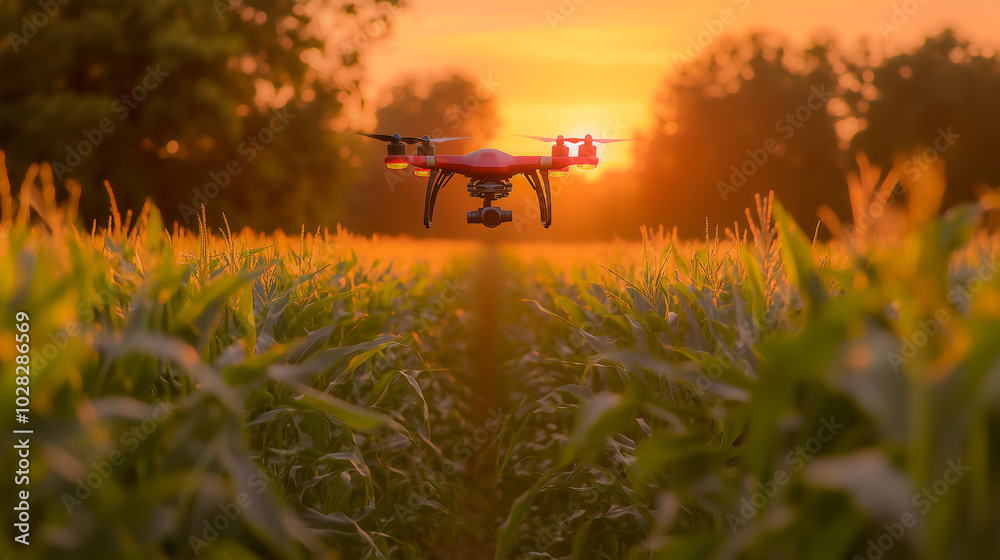 Agriculture drone is flying above corn field . Agriculture drone is flying above corn field .