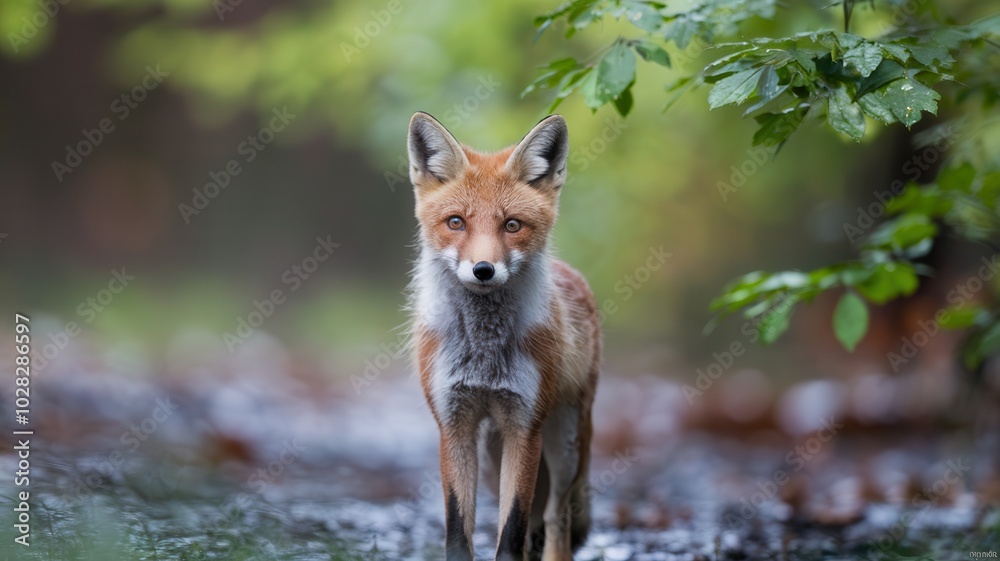 Young Red Fox with Ears Flattened Walking on Forest Floor, Facing the Camera Young Red Fox with Ears Flattened Walking on Forest Floor, Facing the Camera