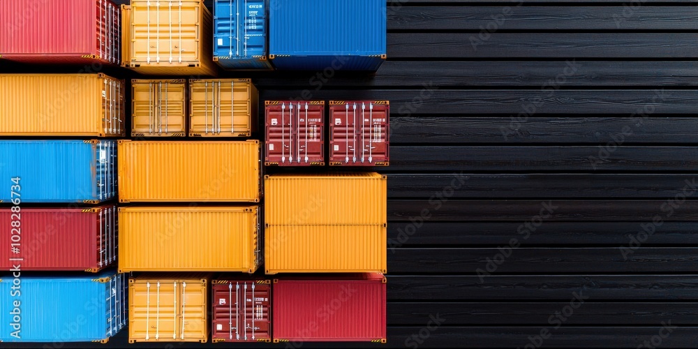 Fototapeta premium Colorful Shipping Containers on Black Wooden Background Aerial View