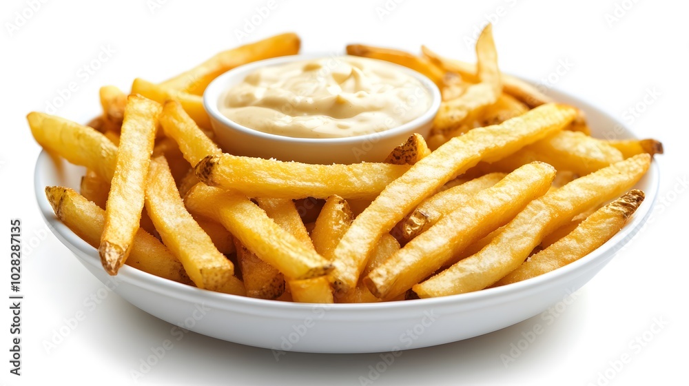 French fries potatoes with mayonnaise on a dish isolated on white background. French fries potatoes with mayonnaise on a dish isolated on white background.