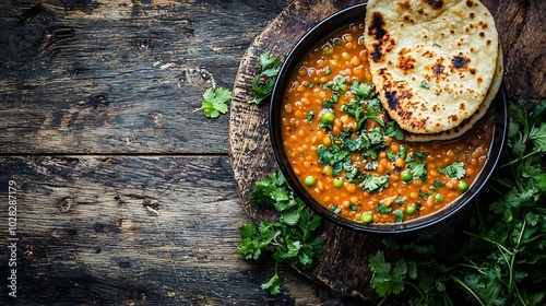 Red lentil Indian soup with flat bread on a wooden background Masoor dal : Generative AI photo