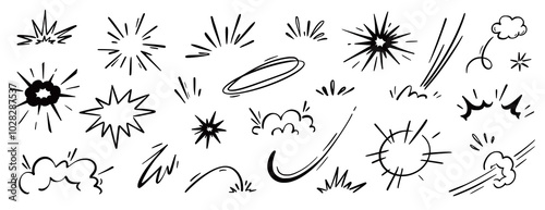 Comic cartoon boom speed effect, explosive motion line element set. Comic boom burst, explosive smoke, line speed cartoon vector icon. Hand drawn sketch doodle action effect. Vector illustration..
