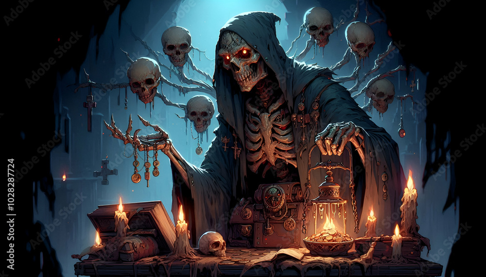 Undead Merchant in a Dark Fantasy World.
Undead Merchant in a Dark Fantasy World.