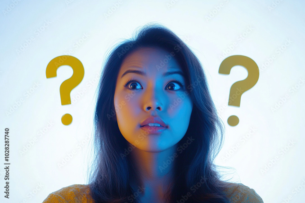 Young Asian woman with question mark symbols in the background Young Asian woman with question mark symbols in the background