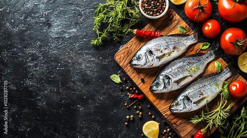Fresh Dorado fishes on a wooden cutting board with vegetables herbs and spices Black stone background Top view : Generative AI photo