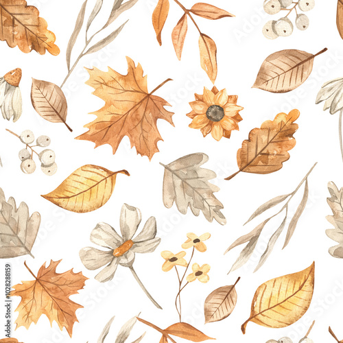 Watercolor seamless pattern with autumn plants, flowers, leaves, fall print, texture