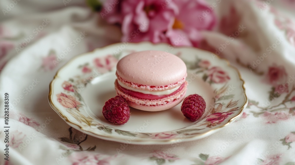 A pink macaron with raspberry filling on a plate with two raspberries and pink peonies in the background. A pink macaron with raspberry filling on a plate with two raspberries and pink peonies in the background.