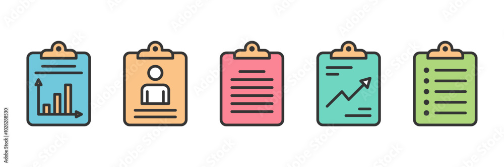 Φωτογραφία Set of report line icons, clipboard with charts, person symbol, check list