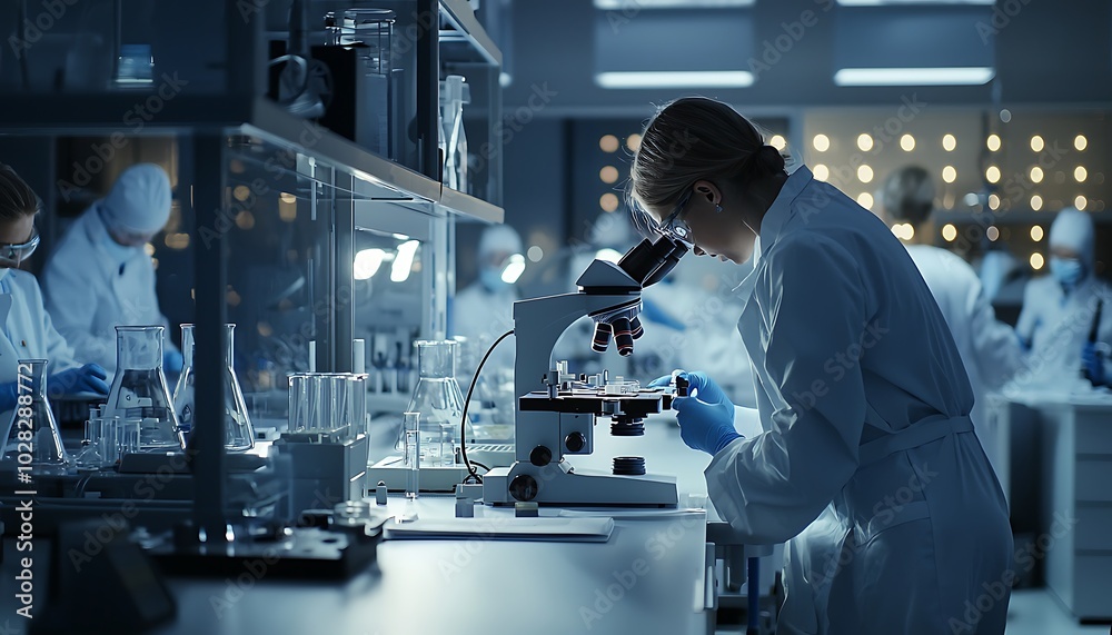 Lab microscope detailed shot with scientists working subtly in the background. Lab microscope detailed shot with scientists working subtly in the background.