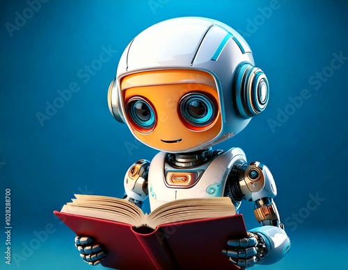 Cute Cartoon Robot Reading a Book. Artficial Intelligence. Machine Learning  photo