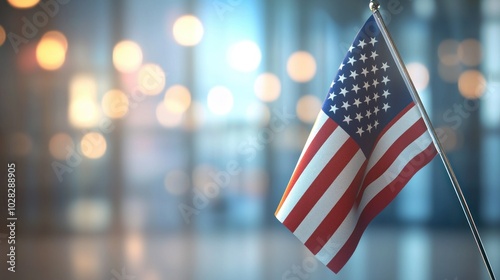 the United States flag waving gently, with a blurred background that emphasizes its vibrant colors.