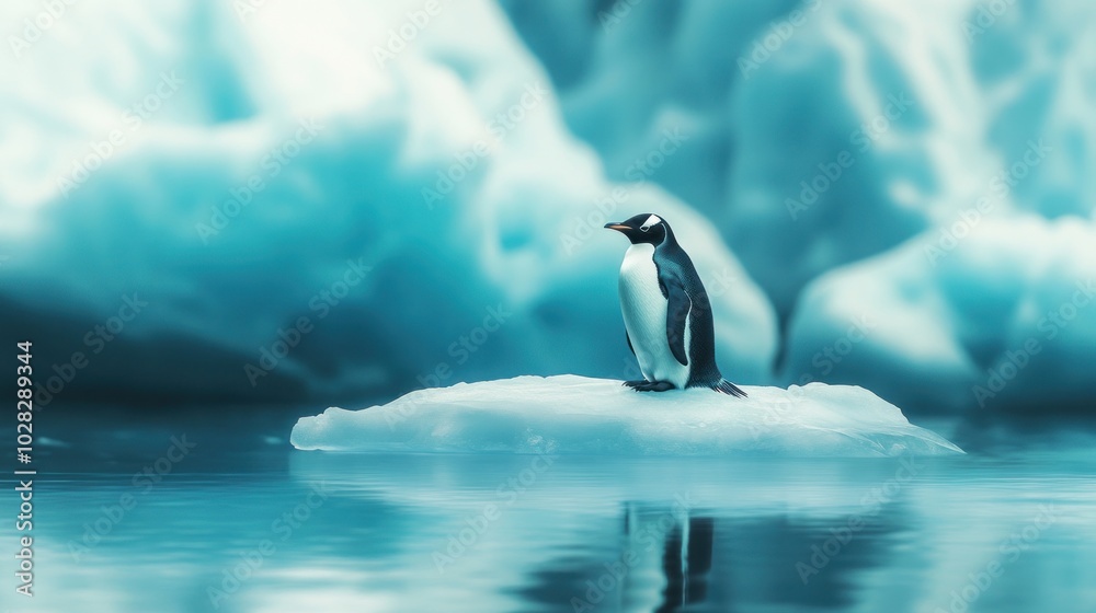Fototapeta premium A solitary penguin stands on an iceberg, surrounded by icy blue waters and glacial formations.