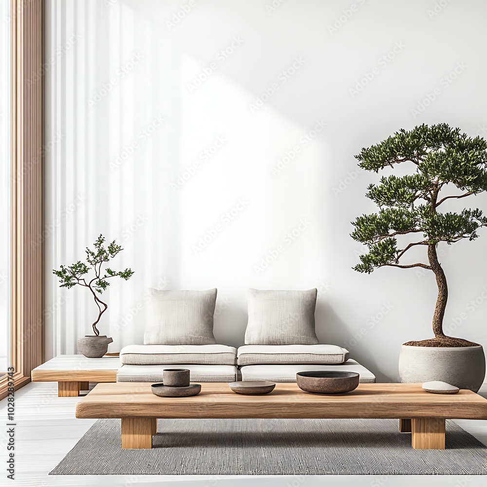 Minimalist Zen Interior Design with Bonsai Tree and Wooden Coffee Table. Minimalist Zen Interior Design with Bonsai Tree and Wooden Coffee Table.