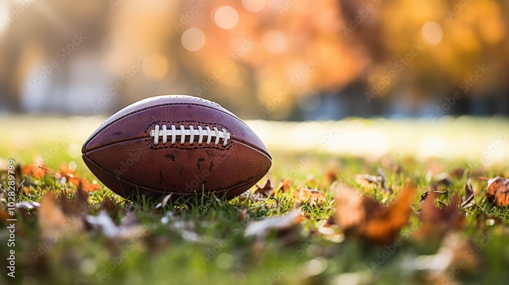 American Football on Autumn Grass in Golden Sunlight With Fallen Leaves American Football on Autumn Grass in Golden Sunlight With Fallen Leaves