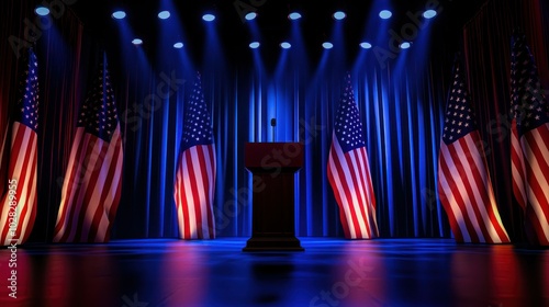 a well-lit podium on stage with American flags draping the sides, prepared for a candidate's speech during an election year. photo