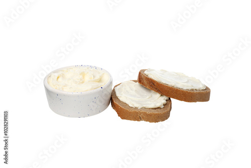 PNG, Philadelphia cheese in ceramic plate, isolated on white background.