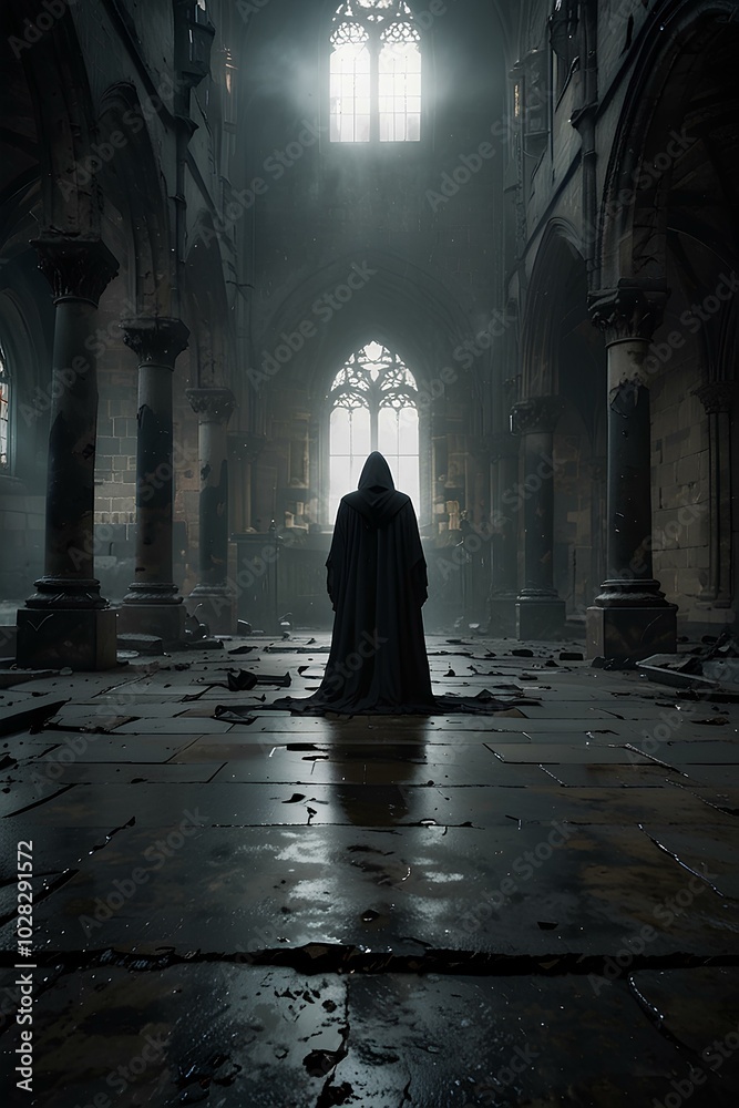 Gothic Cathedral Ruins: Grim Reaper Amidst Thick Fog and Cracked Stone Floors Gothic Cathedral Ruins: Grim Reaper Amidst Thick Fog and Cracked Stone Floors