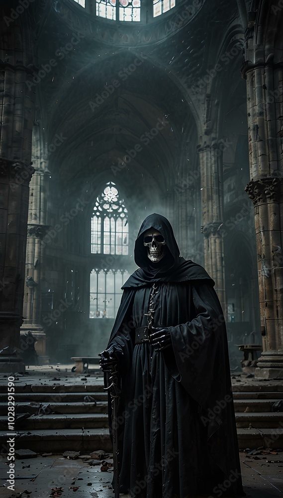 Naklejka premium Gothic Cathedral Ruins: Grim Reaper Amidst Thick Fog and Cracked Stone Floors