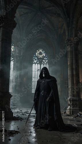 Gothic Cathedral Ruins: Grim Reaper Amidst Thick Fog and Cracked Stone Floors