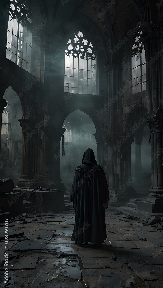 Gothic Cathedral Ruins: Grim Reaper Amidst Thick Fog and Cracked Stone Floors Gothic Cathedral Ruins: Grim Reaper Amidst Thick Fog and Cracked Stone Floors