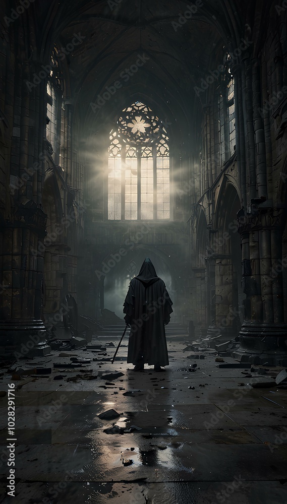 Gothic Cathedral Ruins: Grim Reaper Amidst Thick Fog and Cracked Stone Floors Gothic Cathedral Ruins: Grim Reaper Amidst Thick Fog and Cracked Stone Floors