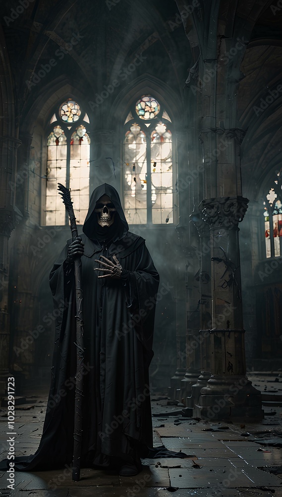 Naklejka premium Gothic Cathedral Ruins: Grim Reaper Amidst Thick Fog and Cracked Stone Floors