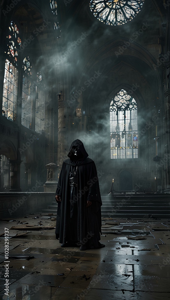 Gothic Cathedral Ruins: Grim Reaper Amidst Thick Fog and Cracked Stone Floors Gothic Cathedral Ruins: Grim Reaper Amidst Thick Fog and Cracked Stone Floors