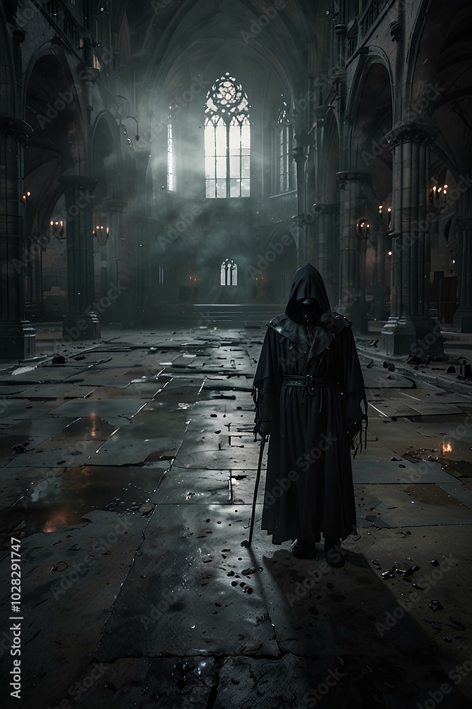 Gothic Cathedral Ruins: Grim Reaper Amidst Thick Fog and Cracked Stone Floors Gothic Cathedral Ruins: Grim Reaper Amidst Thick Fog and Cracked Stone Floors