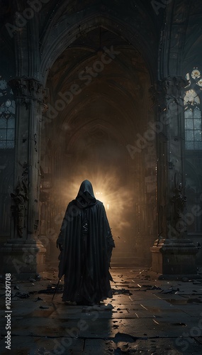 Gothic Cathedral Ruins: Grim Reaper Amidst Thick Fog and Cracked Stone Floors