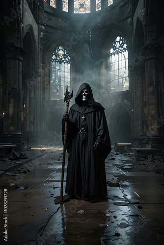 Gothic Cathedral Ruins: Grim Reaper Amidst Thick Fog and Cracked Stone Floors photo