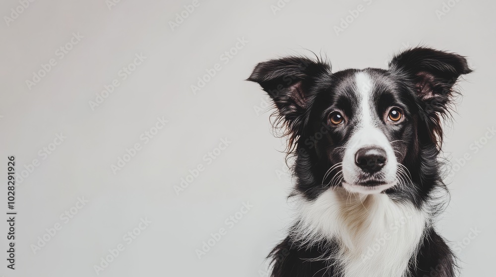 A black and white Border Collie dog looks directly at the camera with its ears perked up. A black and white Border Collie dog looks directly at the camera with its ears perked up.