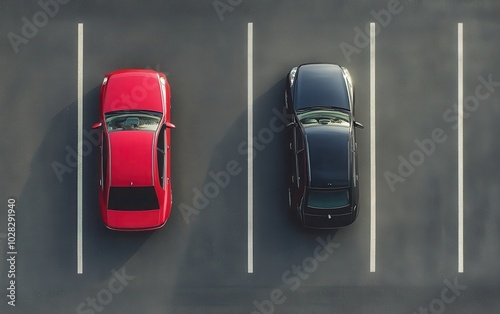 An overhead view of a parking lot featuring two cars parked side by side, leaving space for design or automotive themes 