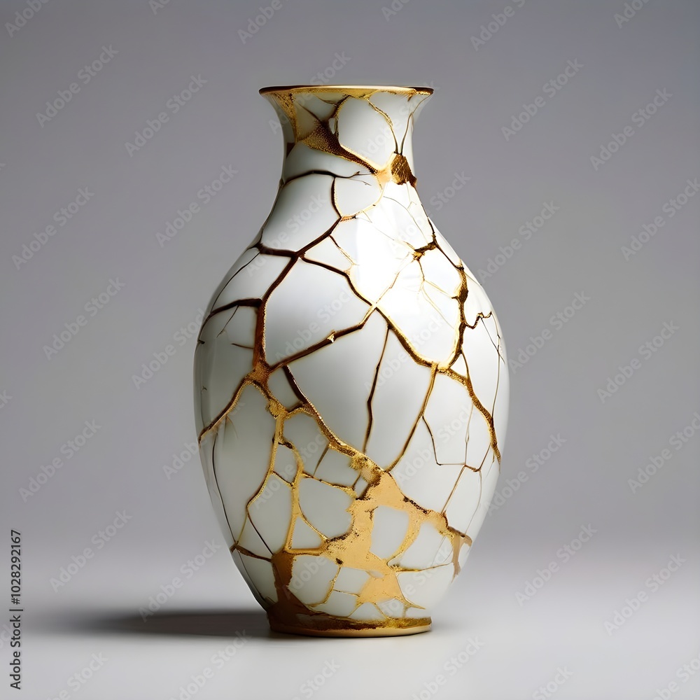 White And Gold Kintsugi Style Vase With Cracked Lines intricately 