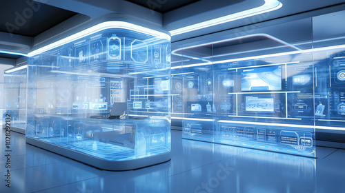 A detailed CG 3D panoramic view of a high-tech medical archive, sleek design, holographic patient records, futuristic atmosphere, blue and white tones