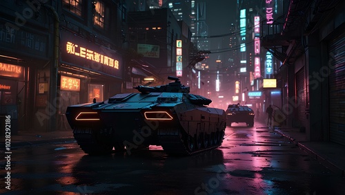 Stealth Tank Blending into a Neon-Lit Cyberpunk City in a Futuristic Urban Setting photo