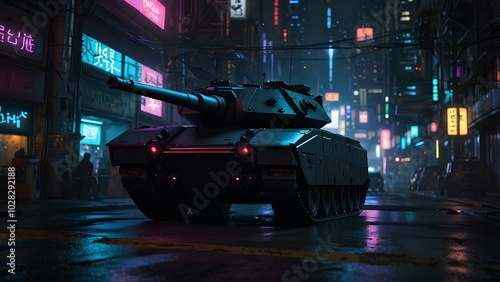 Stealth Tank Blending into a Neon-Lit Cyberpunk City in a Futuristic Urban Setting photo