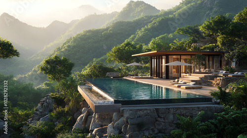 Birds-eye view of a luxurious wellness retreat nestled in lush green mountains, photorealistic details, infinity pool surrounded by nature, peaceful and rejuvenating atmosphere