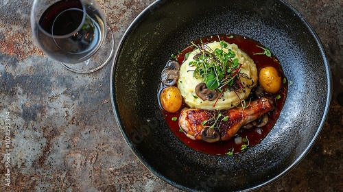 Duck legs confit with potato gratin and mushroom sauce Top view : Generative AI