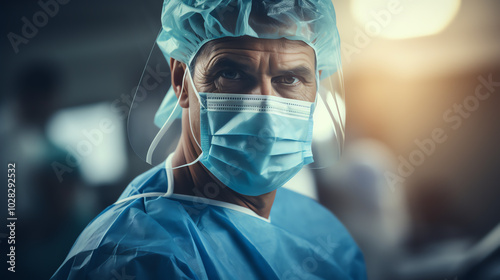 Close-up shot of a doctor in scrubs, photorealistic, soft focused background, warm lighting highlighting compassionate expression, detailed textures on fabric, digital art photo