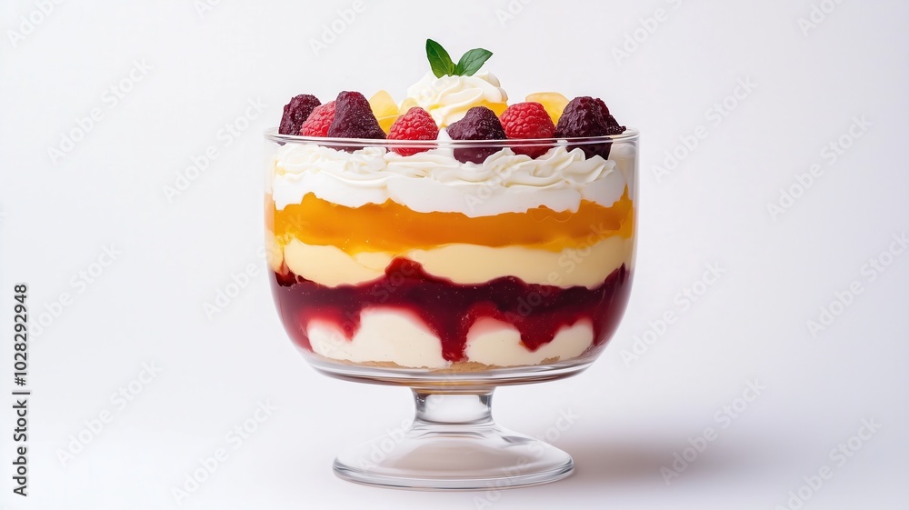 Delicious layered dessert with fruits, cream, and jelly in a clear glass bowl on a white background. Delicious layered dessert with fruits, cream, and jelly in a clear glass bowl on a white background.