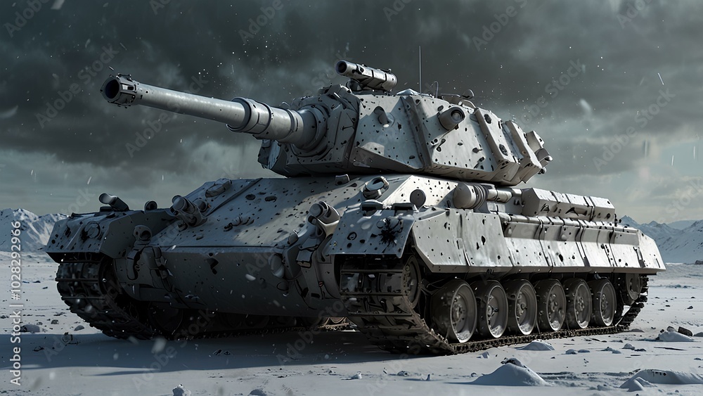 High-Tech Tank with Plasma Cannon on a Snow-Covered Battlefield in Winter Warfare High-Tech Tank with Plasma Cannon on a Snow-Covered Battlefield in Winter Warfare